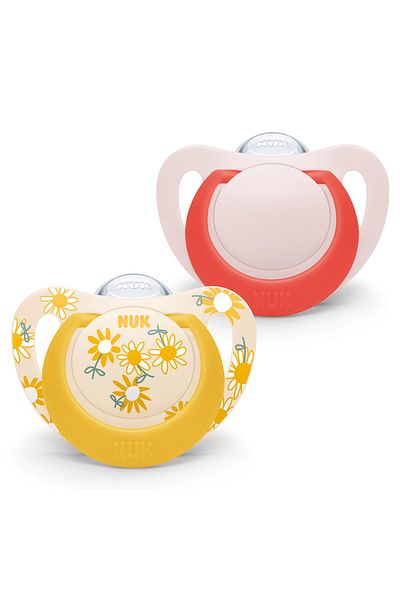 Nuk Set of 2 Silicone Pacifiers - 6-18 Months with Storage Box, Yellow and Pink