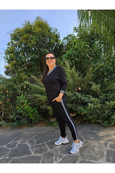 BİrHoşButik Large Size Lycra Bottom Two Thread Top Imported Vıskon Fabric Sweat Resistant Long Ribbed Tracksuit Set