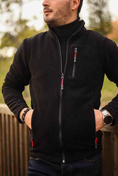 SUVASS CO Jachetă polară neagră pentru bărbați Champ, cu fermoar complet, cu 3 buzunare, jachetă polară groasă pentru exterior, polar tactic