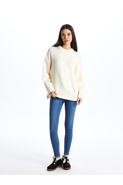 LC Waikiki Einfarbiger, langärmliger, übergroßer Damen-Strickpullover mit Rundhalsausschnitt