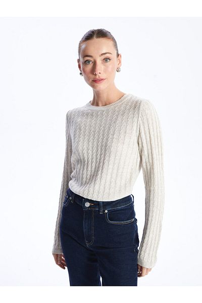 LC Waikiki Langärmliger Damen-Strickpullover mit Rundhalsausschnitt und Selbstmuster
