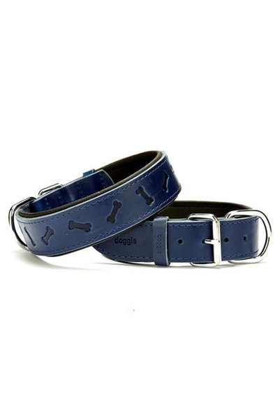 Doggie Comfort Leather Bone Patterned Dog Collar Large Blue 4x57-65 Cm