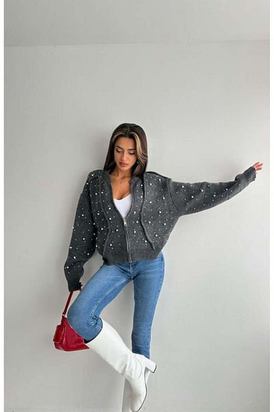 fujya PEARL DETAIL ZIPPERED KNITWEAR CARDIGAN