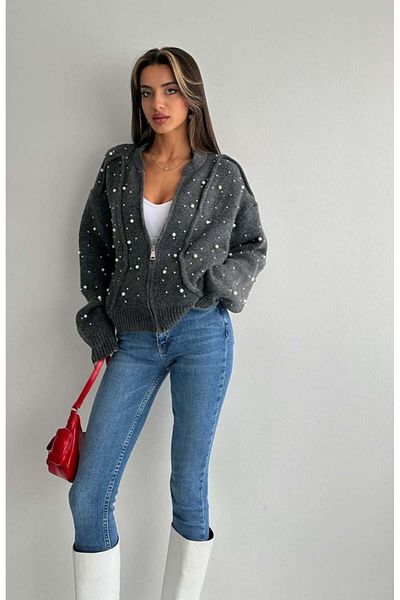 fujya PEARL DETAIL ZIPPERED KNITWEAR CARDIGAN