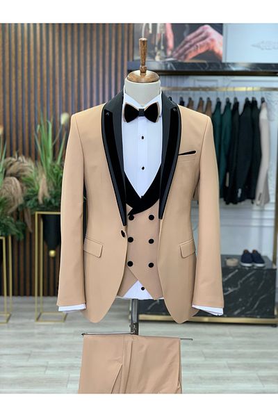 LONATOLİA Men's Tuxedo Groom Suit Italian Style Slim Fit Jacket Vest Pants Bow Tie-Cream