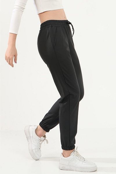 shopshop Women's Black Ribbed Fleece Matte Leather Trousers Jogger Sweatpants