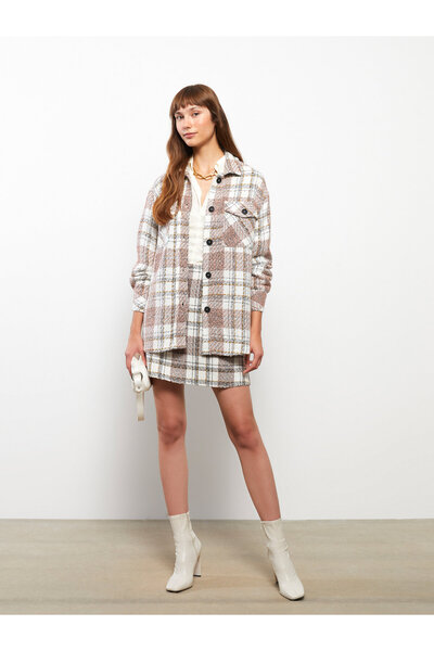 LC Waikiki Plaid Long Sleeve Tweed Oversize Women's Shirt Jacket