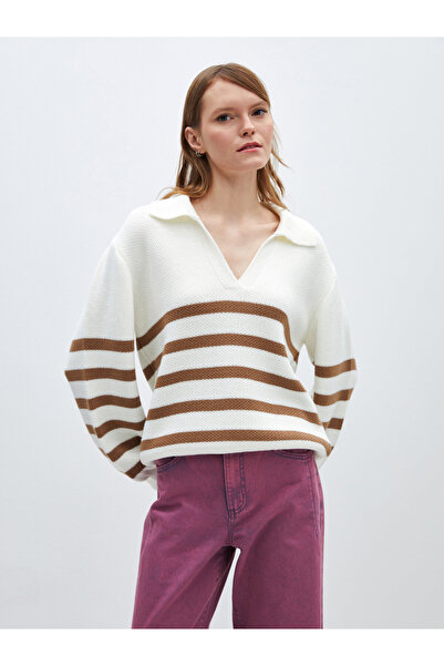 LC Waikiki Γυναικείο πλεκτό πουλόβερ με ριγέ μακρυμάνικο λαιμό πόλο