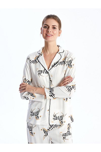 LC Waikiki Gemustertes, langärmliges Damen-Pyjama-Set mit Hemdkragen