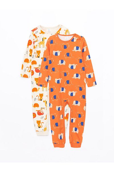 LC Waikiki Bedruckter Baby-Jungen-Jumpsuit im 2er-Pack mit Rundhalsausschnitt