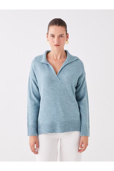 LC Waikiki Oversize Women's Knitwear Sweater - Polo Collar, Solid, Long Sleeve