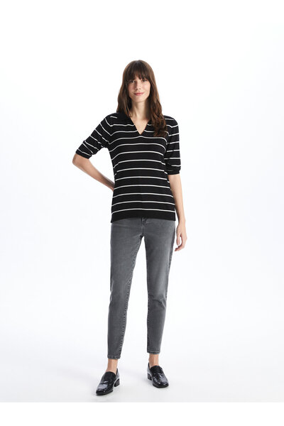 LC Waikiki Polo Neck Striped Short Sleeve Women's Knitwear Sweater - W40276Z8