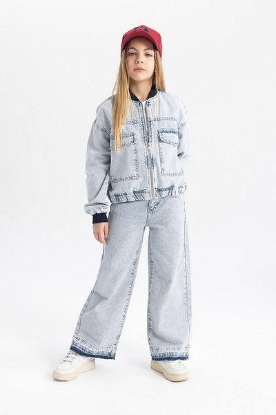 DeFacto Girls' Lightweight Jean Bomber Jacket - College Collar, Zip Pockets, Seasonal B9854A824Sp