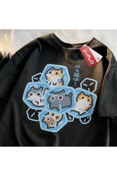 Toum Tricou oversize unisex negru cu imprimeu Y2k Cat in Ice Cube