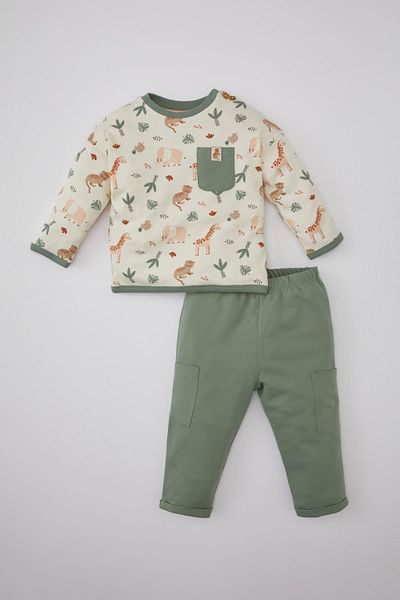 DeFacto Baby Boy Safari Printed Long Sleeve Sweatshirt Sweatpants Set of 2 B9645a524sp
