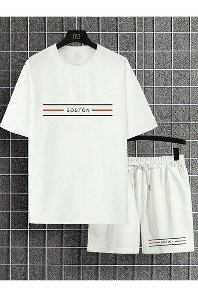 AMMA Men's White Boston Printed Top and Bottom T-Shirt Set with Shorts