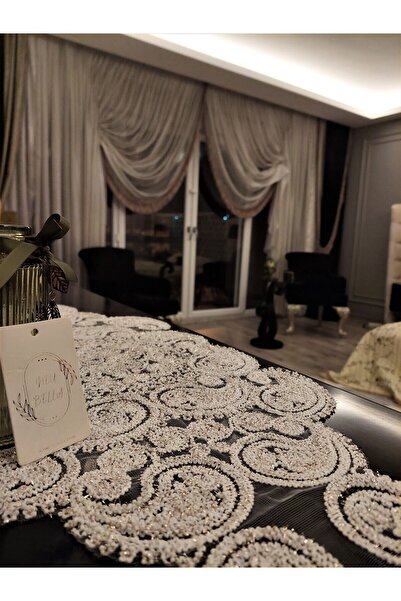 CAMİNHO DA LUA Damla Luxury Runner Σαλόνι Τραπεζάκι σαλονιού Τραπεζομάντιλο Γαλλικό Δαντέλα Προίκα Χρυσό Ασημί