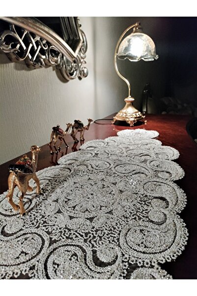 CAMİNHO DA LUA Damla Luxury Runner Σαλόνι Τραπεζάκι σαλονιού Τραπεζομάντιλο Γαλλικό Δαντέλα Προίκα Χρυσό Ασημί