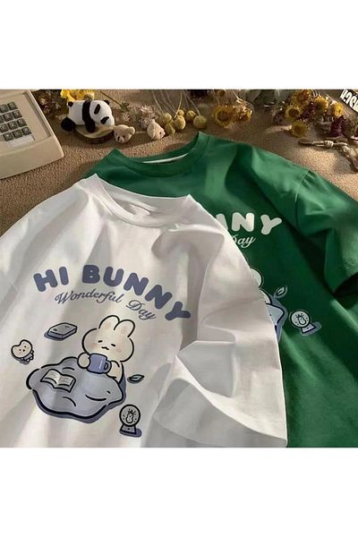 Touz Moda Hi Bunny Printed White Unisex Oversize T-shirt