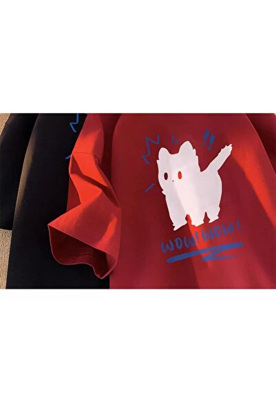 Touz Moda Wow Cat Printed Red Unisex Oversize T-shirt