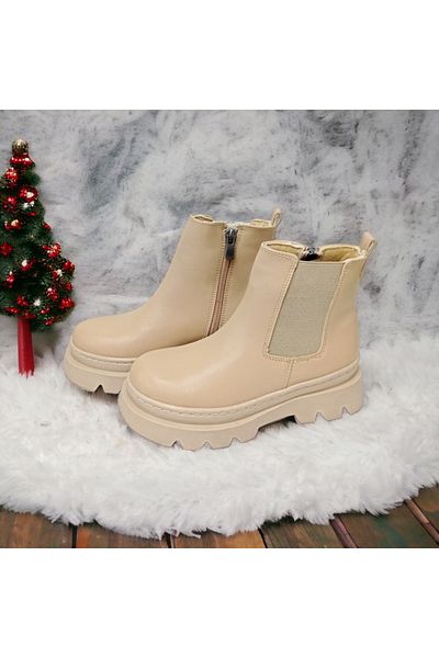 PATİK BEBE Κοριτσίστικες μπότες με χοντρή σόλα με φερμουάρ ελαστικό κρεμ χρώματος