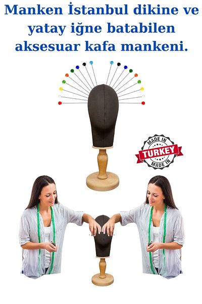 Manken İstanbul Upright and Horizontal Needle Covered Fabric with Wooden Stand Head Mannequin Wig Accessory Mannequin