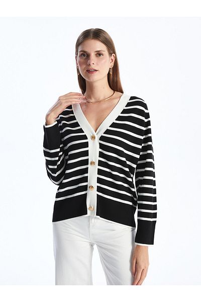 LC Waikiki Gestreifter Damen-Strickjacke mit langen Ärmeln und V-Ausschnitt