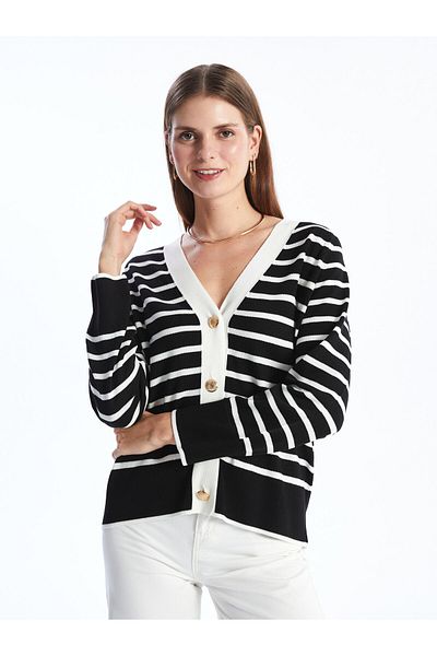 LC Waikiki Gestreifter Damen-Strickjacke mit langen Ärmeln und V-Ausschnitt