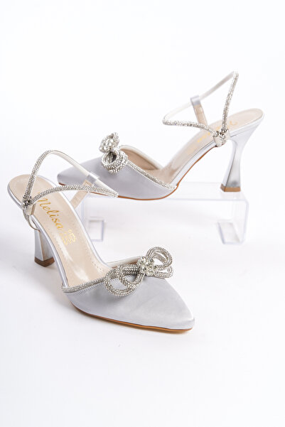 Moda Değirmeni Silver Satin Women's Stone Bow Evening Dress Shoes BG1112-121-0003