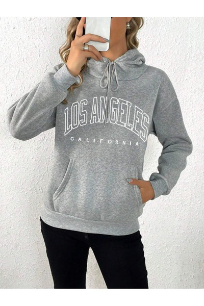 MODA Χειμερινό φούτερ Λος Άντζελες - Γκρι με στάμπα, υπερμεγέθης κουκούλα