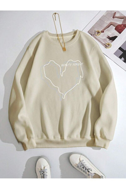 Kalp Çizgi Kışlık Sweatshirt - Vizon Baskılı Şardonlu Oversize Bisiklet Yaka