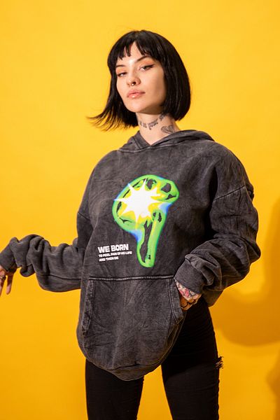 Bak Moda Washed WE BORN Εκτυπωμένο Oversize Unisex Καπνιστό Hoodie