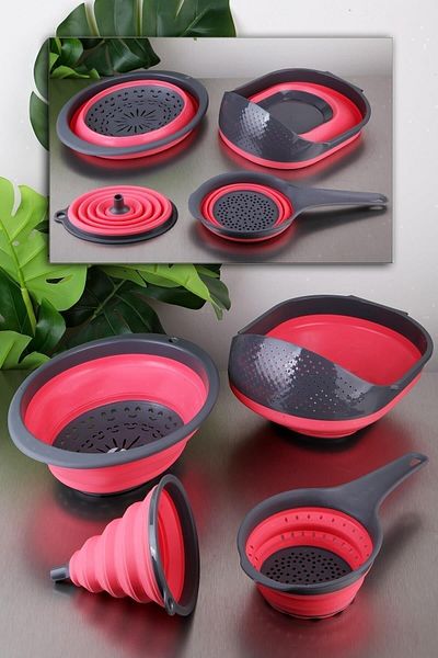 vipgross Red Folding 4-Piece Funnel Strainer Set - 4 Piece Strainer Set - 4 Piece Strainer - Accordion Strainer Set