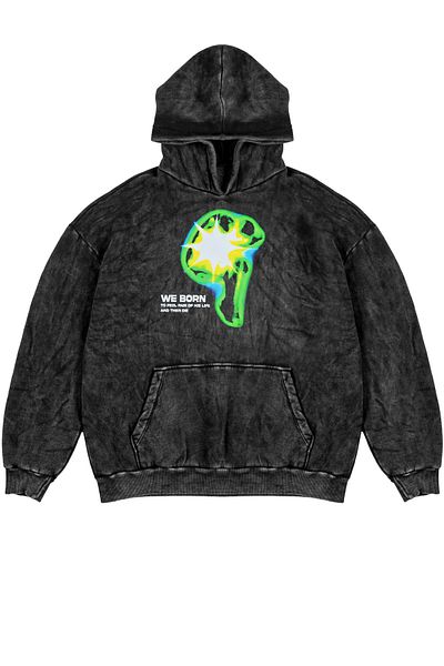 Bak Moda Washed WE BORN Εκτυπωμένο Oversize Unisex Καπνιστό Hoodie