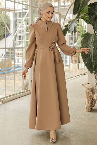 InStyle Bead Detail Scuba Dress with Collar - Camel