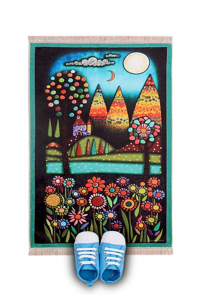 Bursa İpek Water Green Moon Light Flowers Children's Prayer Mat and Play Mat