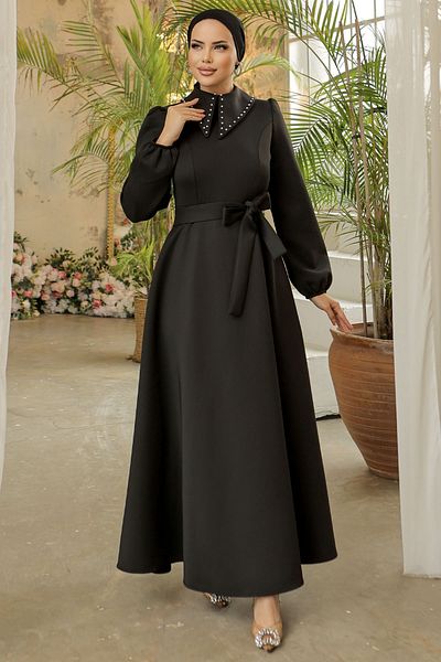 InStyle Scuba-Kleid mit Perlendetail am Kragen – Schwarz