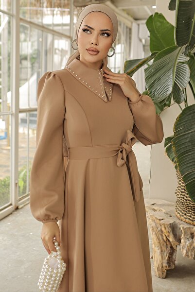 InStyle Bead Detail Scuba Dress with Collar - Camel