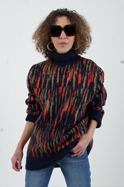 Zelish My Sister Тъмносин пуловер с мотив на рибарска мрежа и широка яка