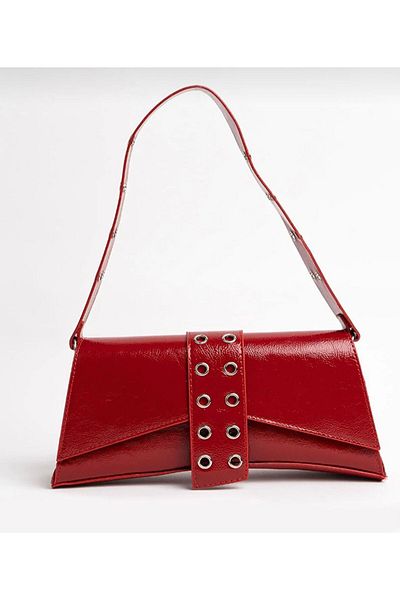 Mercan Stores Women's Red Studded Asymmetrical Baguette Hand and Shoulder Bag
