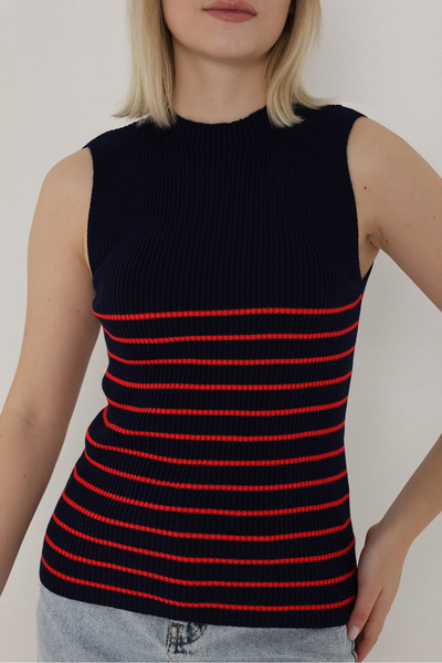 VEGENZE Women's Navy Blue Striped Zero Sleeve Knitwear Body Sweater