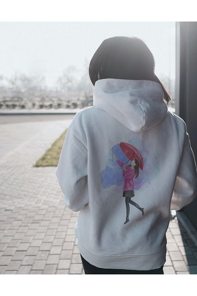 AEMİ Hanorac alb pentru femei cu glugă supradimensionată cu imprimeu Humble