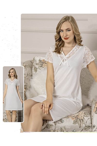 JENİKA White Lace Detailed Short Sleeve V-Neck Combed Cotton Nightgown