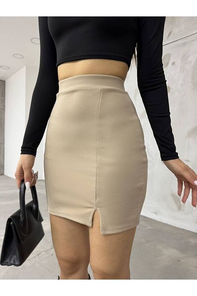 BİKELİFE Beigefarbener Minirock mit hoher Taille und Schlitzdetail für Damen