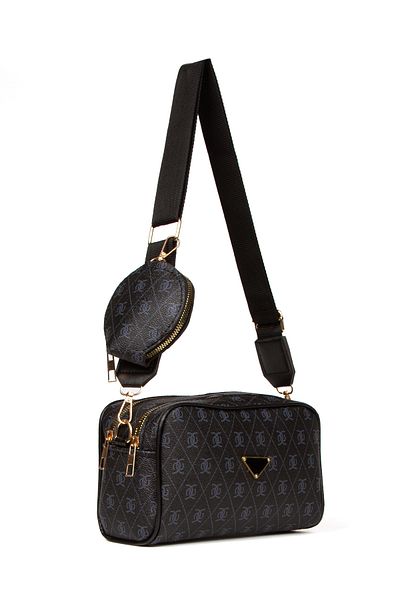 Adelina Bags Γυναικεία τσάντα ώμου με σχέδια μαύρη με λεπτομέρεια πορτοφολιού