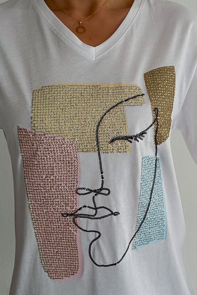 FEMELLE Women's White V-Neck Large Size Face Pattern Sequin Embroidered 100% Cotton Large Size T-Shirt