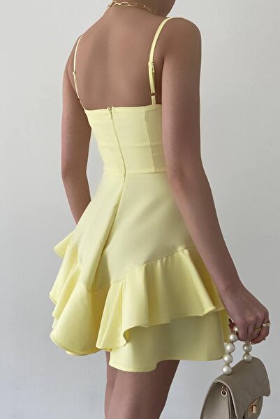 bayansepeti Women's Skirt Floor Detailed Adjustable Thin Strap Yellow Evening Dress 102