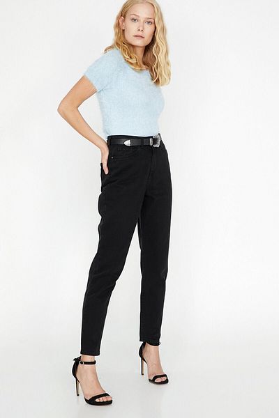 Trn JNS Blugi negri cu talie înaltă Mom Jean Black Mom Lycra Colorfast Extra Confortabil