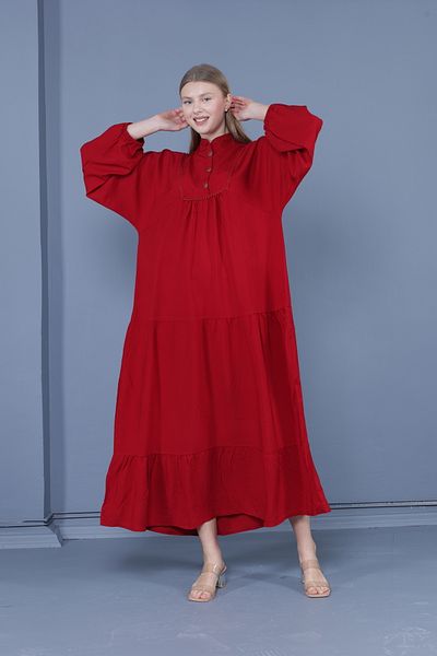 mervemoda Rochie de damă burgundy marime mare cu guler predominant tesut islamic