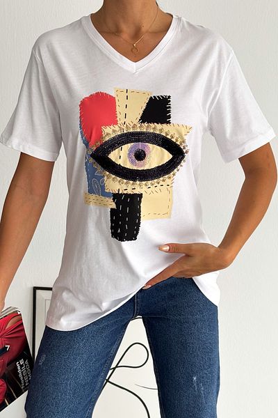 FEMELLE Women's White V-Neck Large Size Eye Pattern Sequin Embroidered 100% Cotton Large Size T-Shirt